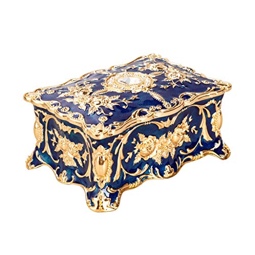 JOYKK Caja de baratija Rectangular Vintage Caja de joyería Caja Adornada con Grabado Antiguo - Azul - L