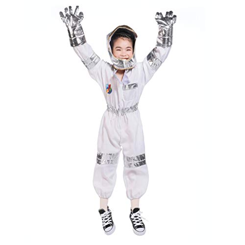 JOYKK Traje de Astronauta para niños pequeños Mono Espacial Juego de simulación con Sombrero Guante - Plata + Blanco