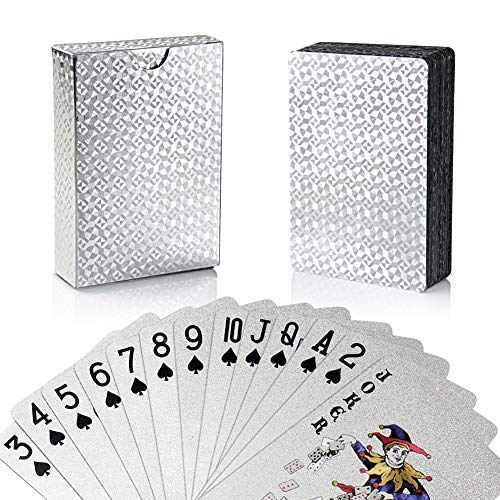 Joyoldelf - Juego de cartas 54, tarjetas de póker de hoja de plata impermeables, juego de cartas Magia, herramienta de habilidades Classic Magic Poker (plata)