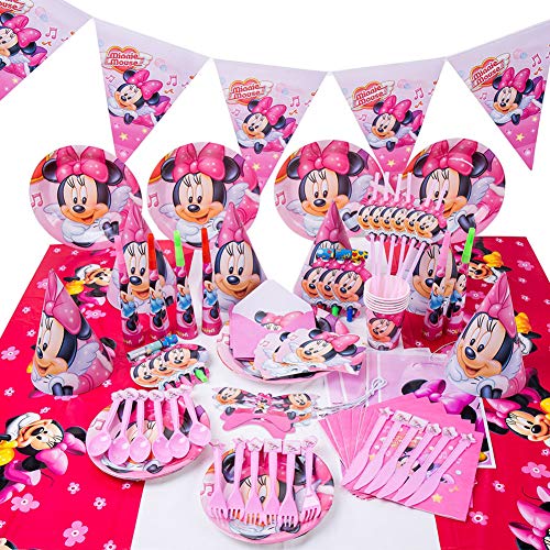 JPYH Set de Fiesta de cumpleaños de Minnie 54 PCS Disney Mickey Mouse Party Decoration Set Platos Tazas Servilletas Pack de Fiesta Mickey Mantel Sirve para 6 Invitados