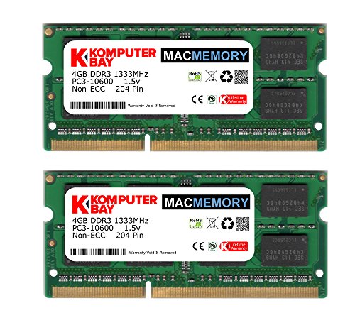Juego de 2 módulos de memoria RAM SODIMM DDR3 7 7 7 20 PC3 8500 204 para Apple, 1.066 MHz, 2 x 2 GB, de la marca Komputerbay MACMEMORY 8GB 2X 4GB 1333MHz Juego de 2 módulos de memoria RAM SODIMM DDR3 7 7 7 20 PC3 8500 204 para Apple, 1.066 MHz, 2 x 2 GB, de la marca Komputerbay MACMEMORY 8GB 2X 4GB 1333MHz