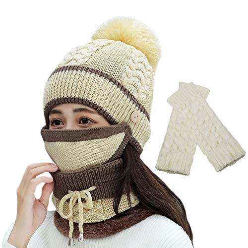 Juego de 4 Piezas de Bufanda Gorro de Punto con Pompón Grueso de Invierno y Guantes Brazo sin Dedos de Punto para Mujer para Deportes en Interiores y Exteriores (Beige)