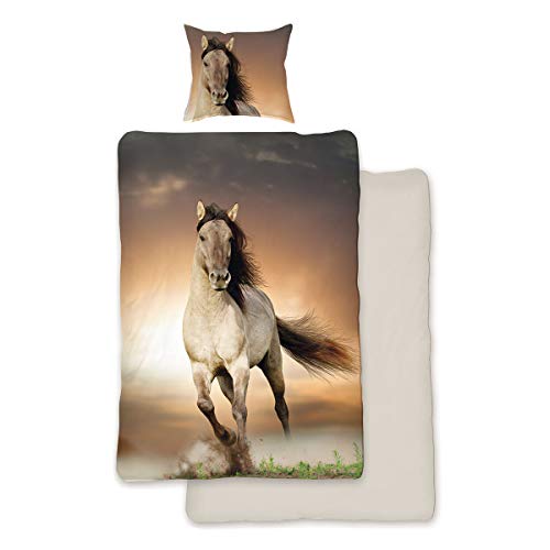 Juego de cama, diseño de caballos, 135 x 200 cm y 80 x 80 cm