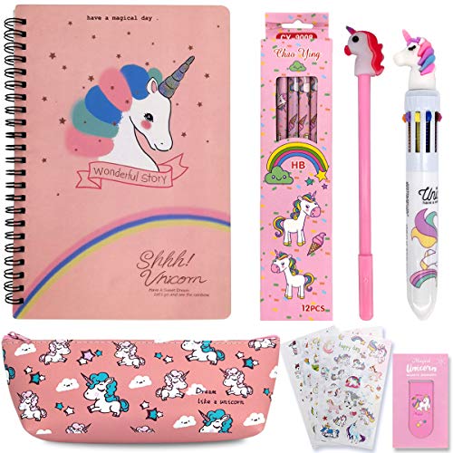 Juego de Papelería de Unicornio,Estuche Unicornio Set de Papelería,Cuaderno de Unicornio,Lápices de Unicornio Coloridos,Bolígrafos de Unicornio Estuche,Escuela Cumpleaños Regalo