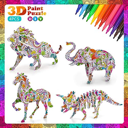 Juego de Rompecabezas de Colorear 3D, DIY Arts Crafts Puzzle Kit Regalo de Juguete, Regalos para niñas de 6 a 12 años, Regalo de Cumpleaños para niños (con 12 Rotuladores)