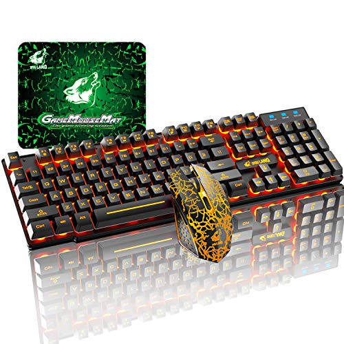 Juego de teclado y ratón inalámbricos 2.4 G recargable con tacto mecánico, impermeable, color naranja retroiluminado, gran capacidad 2400 DPI LED ratón para juegos+Alfombrilla de ratón(negro/naranja)