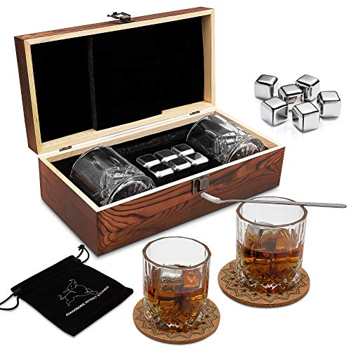 Juegos de regalo de whisky para hombres, juego de vasos de whisky con 6 cubitos de hielo reutilizables de acero inoxidable, 2 posavasos clásicos, cuchara mezcladora, bolsa de terciopelo.