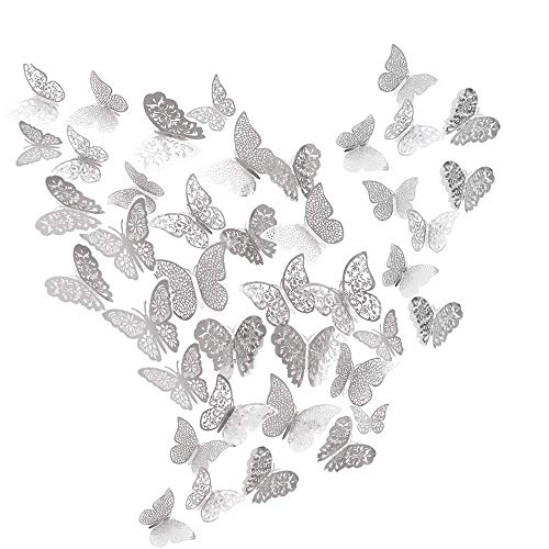 JUN-H 36 Piezas Adhesivos de Decoraciones de Mariposas en 3D Adhesivos de Arte de Pared de Bricolaje Decoración para Calcomanías para el Hogar Murales de Papel Decorativo (Estilo Plateado)