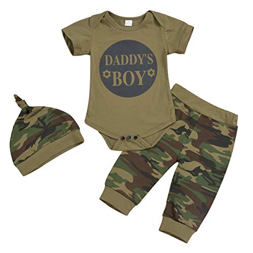 Jurebecia 3pcs Niños Bebes Set de Ropa Daddy'S Boy Conjuntos a Juego Camuflaje Camiseta de Manga Corta+Pantalones+Sombrero 6-12M