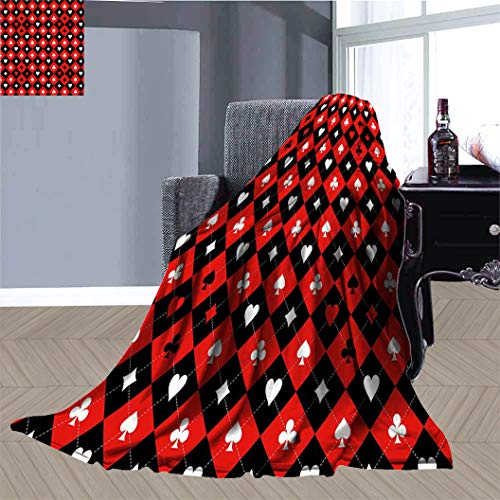 JxjwsPrints Manta de felpa de forro polar para tarjetas de póquer, tablero de ajedrez, patrón clásico a cuadros, manta ligera para sofá doméstico, 152 x 127 cm, rojo, negro, blanco