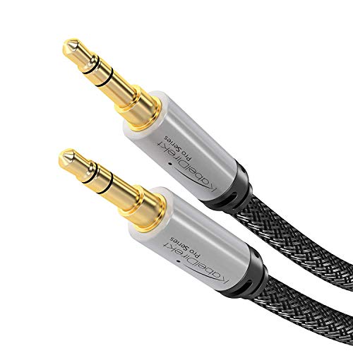 KabelDirekt – 0,5m – Cable auxiliar y cable jack de 3,5mm (cable de audio estéreo, carcasa de metal casi indestructible, funda de nailon sin nudos, para smartphones/otros dispositivos, negro/plateado)