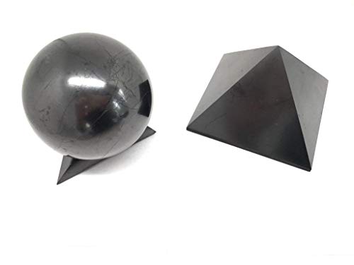 Karelian Heritage Auténtico Shungite EMF Protection Set de pirámide y esfera grande con soporte (100 mm) S071