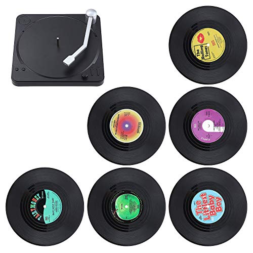 KEESIN 6 posavasos de vinilo antideslizante, diseño retro con aislamiento de CD y soporte (rojo) KEESIN 6 posavasos de vinilo antideslizante, diseño retro con aislamiento de CD y soporte (rojo)