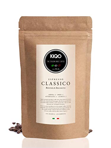 KIQO Classico 1kg Espresso | excelente café tostado premium de Italia | tostado suave en lotes pequeños | relativamente bajo en ácido y digerible | 35% Arábica y 65% Robusta (grano de café, 1000g)