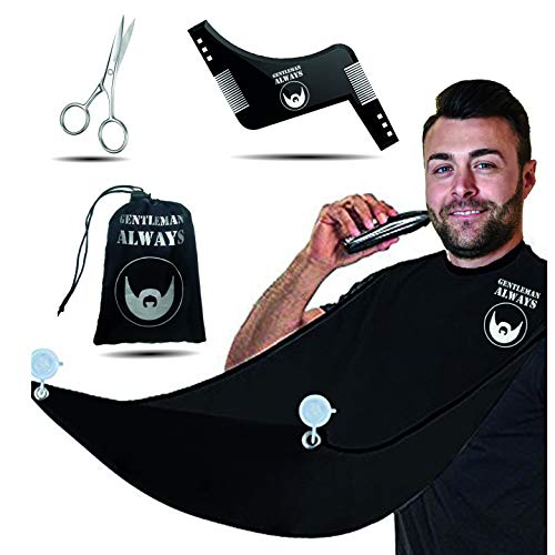 Kit de peluquería - Delantal para barba recoge pelos - Peine y molde para afeitado y corte - Tijeras - Ideal para regalo, color negro