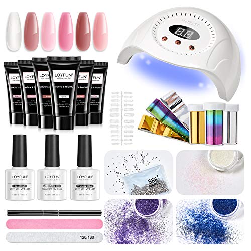 Kit Uñas de Gel,LOYFUN Kit de Gel de Extensión de Uñas con Lámpara LED/UV 30W Kit de Poly Gel 6 Piezas 15ml Set Uñas de Gel Kit Completo Profesional con Base e Top coat adecuado para Casa o Salon