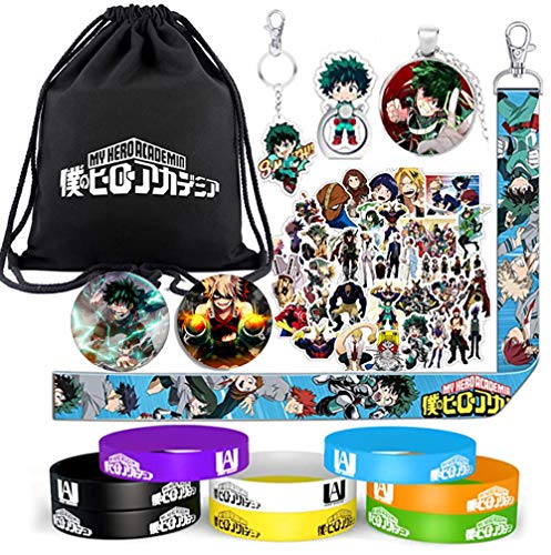 KKSJK Juego de Regalo My Hero Academia, 1 Bolsa Gimnasio MHA, 50 Pegatinas, 8 Pulseras Silicona, 2 Insignias Anime, 1 Collar, 1 cordón, 1 Llavero, 1 Anillo de teléfono Celular para fanáticos de MHA