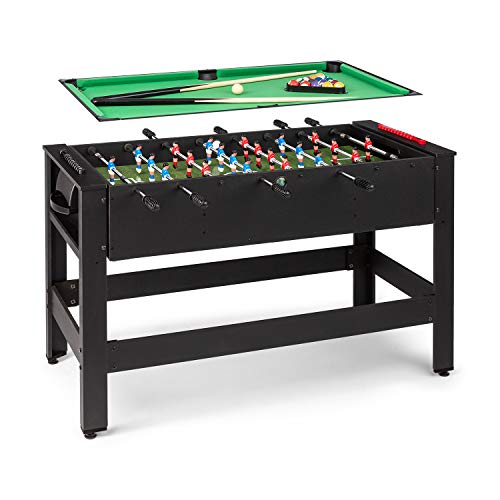 Klarfit Spin 2 en 1 mesa de juegos con billar y furbolín, mesa de billar de 105 x 58 cm / revestimiento en verde, futbolín, incluye accesorios de juego, mesa giratoria para cambiar de juego, negro