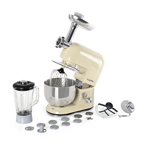 Klarstein Lucia Morena - Robot de cocina universal, Batidora, Amasadora, Picadora, Licuadora, 5 L, Batido planetario, Cabezal para pasta, Recipiente de acero inoxidable, 1300 W, Crema