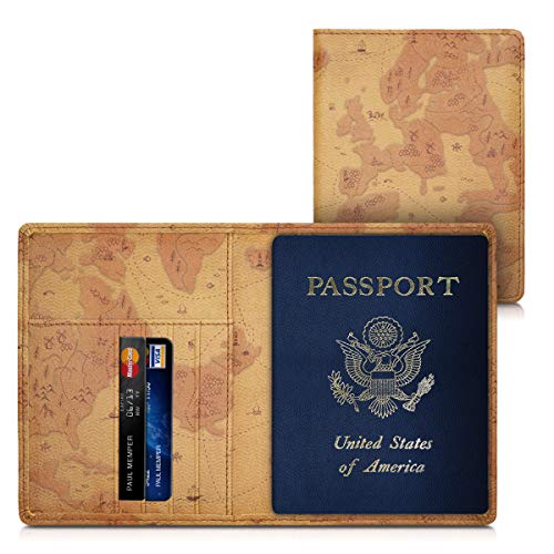 kwmobile Funda para pasaporte de cuero sintético compatible con pasaporte DNI - EStuche con ranuras para tarjetas y mapa antiguo
