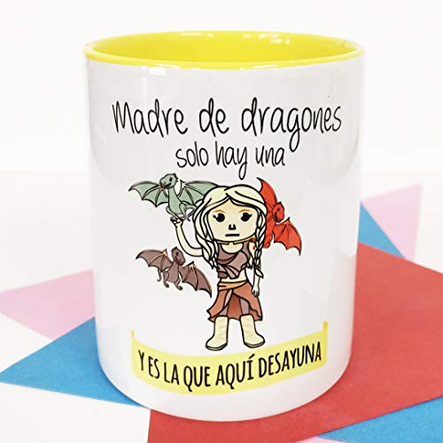 La Mente es Maravillosa - Taza con Frase y dibujo. Regalo original y gracioso (Madre de dragones solo hay una y es la que aquí desayuna) Taza Serie Juego de Trons