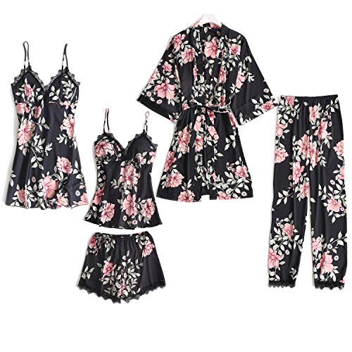 Lachi 2/5PCS Kimono Mujer Pijama Saten Conjunto de Bata Camisón Floral para Dormir Casa Ducha Noche Albornoces + Camisón+ Chaleco + Pantalones Cortos y Largo Satén Encaje Floral Lachi 2/5PCS Kimono Mujer Pijama Saten Conjunto de Bata Camisón Floral para Dormir Casa Ducha Noche Albornoces + Camisón+ Chaleco + Pantalones Cortos y Largo Satén Encaje Floral