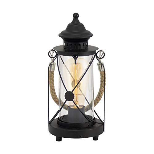 Lámpara de mesa EGLO Bradford, lámpara de mesa vintage con 1 bombilla, farola, lámpara de mesita de noche de acero, color: negro, vidrio: transparente, casquillo: E27, incl. interruptor