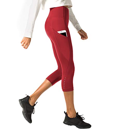 LAPASA Mallas Deportivas 3/4 Capris de Mujer Cintura Alta con Bolsillo (Leggings para Yoga, Pilates, Running) L02 (XS/34 (Cintura 58-66, Cadera 74-82 cm), Rojo Oscuro (Bolsillo Lateral))