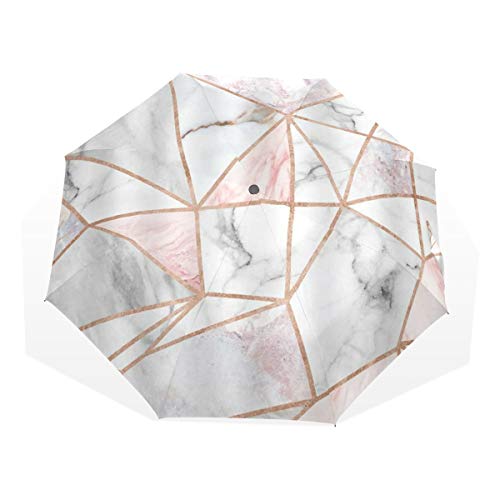 LASINSU Paraguas Resistente a la Intemperie,protección UV,Mármol geométrico Rayas Rosadas Bloques de Superficie Líneas de patrón Agrietado Panel Blanco Lámina Realista