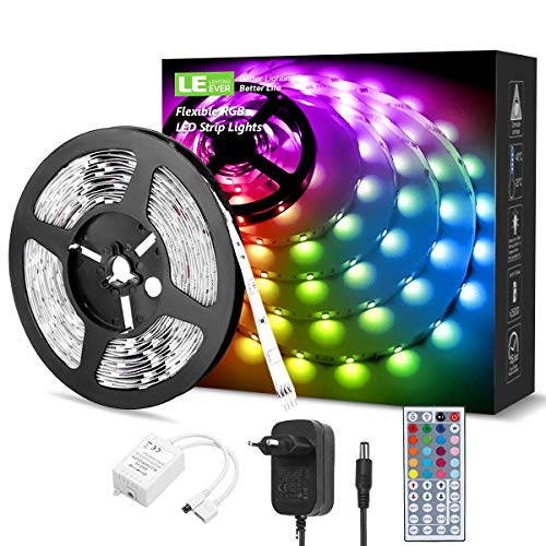 LE LED Tiras de Luces RGB 5M, 150 SMD 5050 Cinta LED, Multicolor y Regulable, Strip Tiras Con Mando a Distancia y Adaptador Corriente Luce de LED Para TV, Fiestas, Luz Ambiental y etc