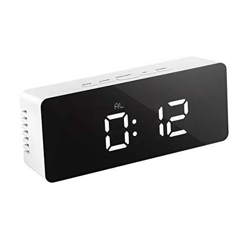 LEDMOMO LED Despertador Digital con Espejo con Termómetro de Interio Dos Tipo Alarma y Snooze para Dormitorio Oficina Funciona con Pilas Alimentado por USB (Plateado rectángulo)