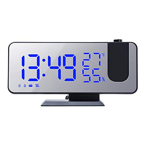 Leeofty LED Reloj Despertador de proyección Digital con Superficie de Espejo 4 en 1 Reloj de proyector de 180 Grados Temperatura Interior Monitor de Humedad Radio FM Cargador de teléfono Pantalla