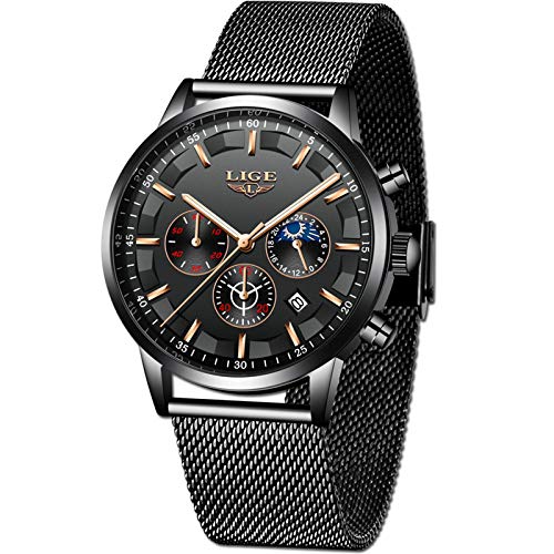 LIGE Hombres Relojes Clásico Negro Analógico Cuarzo Relojes Hombre Acero Inoxidable Militar Sports Cronógrafo Relojes