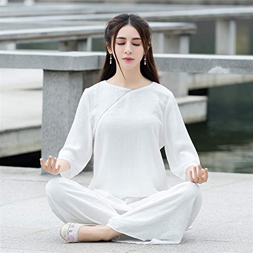LINFENG De los Hombres De Las Mujeres Zen Ropa Yoga Ropa Traje Chino Retro Chino Elementos Tai Chi Meditación (Color : White, Size : X-Large)