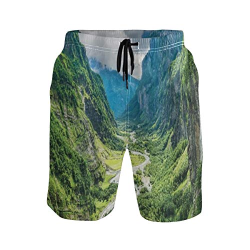 LISNIANY Bañador Hombre，Lago Casa Valle Montaña Árbol Niebla Cascada Cañón Paisaje Alpino Madre Naturaleza Tema，Natación Secado Rápido Malla Pantalones Imprimiendo Cortos(XXL)