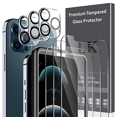 LK 6 Pack Protector de Pantalla Compatible con iPhone 12 Pro 6.1 Pulgada,Contiene 3 Pack Cristal Vidrio Templado y 3 Pack Protector de Lente de cámara, Doble Protección,Marco de Posicionamiento
