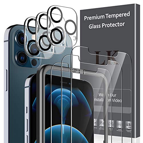 LK 6 Pack Protector de Pantalla Compatible con iPhone 12 Pro MAX 6.7 Pulgada,Contiene 3 Pack Cristal Vidrio Templado y 3 Pack Protector de Lente de cámara, Doble Protección