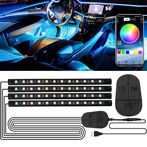 Luz Interior Coche, RGB Tiras LED con APP y Controlador, Impermeable 48 LED Luces para Coche, Multi DIY Color Música Iluminación de Coches, Adhesivo Fuerte Luz de Ambiente de Auto, 5V USB Puerto