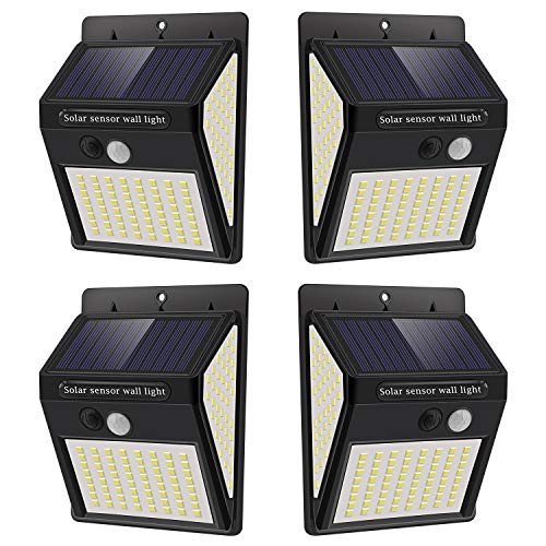 Luz Solar Exterior con Sensor de Movimiento, Luces 144 LED Solares Exteriore, 3 Modos, 270º lluminación Focos Solares Exterior Impermeable Aplique Lampara Solar para Exterior Jardin (4pack)