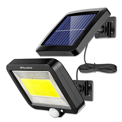 Luz Solar Exterior con Sensor de Movimiento, Rluobo 100 LED Focos Solares Exterior 120 ° súper brillantes, IP65 Impermeable, 3 modos con cable de 16.5 pies, Luces Solares Led Exterior Jardin Blancas