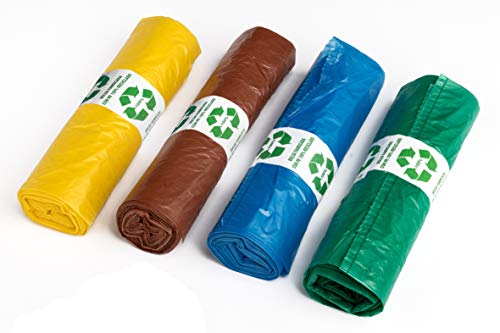 MARKESYSTEM – BOLSA DE BASURA DE PLÁSTICO RECICLADO PARA CUBOS RECICLAJE - Pack 4 Rollos en 4 colores diferentes, 25 Bolsas/Rollo (100 bolsas 30 Litros) , ideal para cubos con colores de reciclar