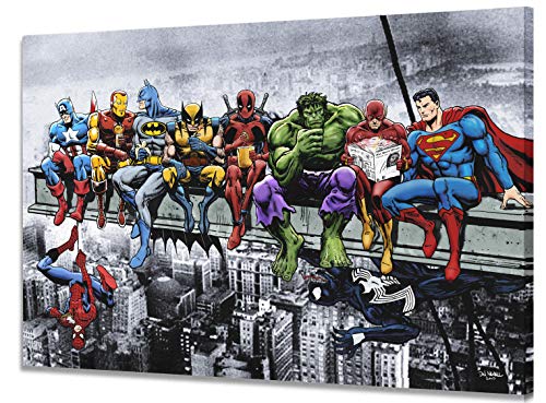 Marvel DC - Stampa Artistica su Tela (40x61cm) Superhéroes Almuerzo En La Parte Superior De Un Rascacielos Captain America, Iron Man, Batman Wolverine Deadpool, Hulk, Flash Superman Spider-Man