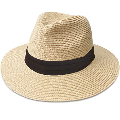 Maylisacc Sombrero de Paja Fedora Hombre Plegable, Sombreros Playa Hombre Verano Ajustable Sombrero Panama de ala Ancha para Mujer Enrollable Beige