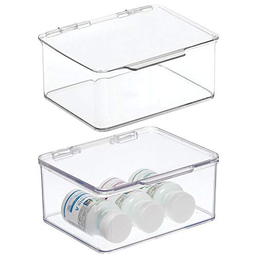 mDesign Juego de 2 cajas apilables para baño – Práctica caja con tapa para productos de belleza, medicamentos y toallas – Organizador transparente para guardar todo tipo de productos – transparente