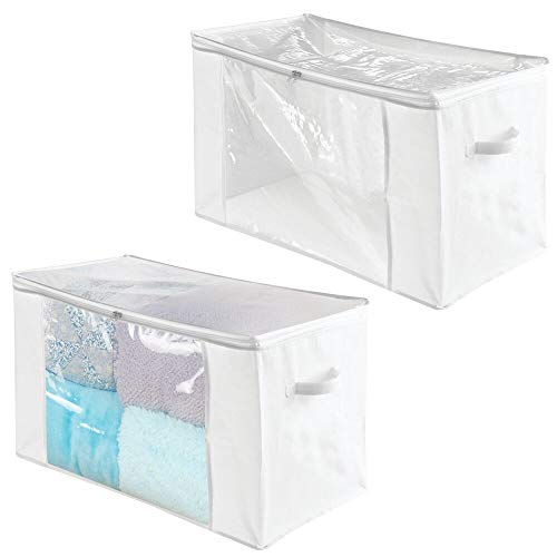 mDesign Juego de 2 cajas organizadoras de tela – Prácticas cajas para guardar ropa y ropa de cama – Sistema de almacenaje grande con cremallera y ventana de visualización – blanco/transparente