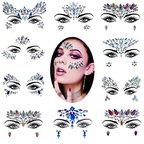 Meilo Face Gem Stickers, Face Gems 10 piezas gemas de la cara Face Jewels Pegatinas de diamantes, auto adhesivo Tatuajes temporales Eyebrow Face Body Jewelry
