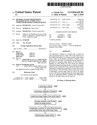 Method, system for removing background of a video, and a computer-readable storage device: United States Patent 9934439 (English Edition)