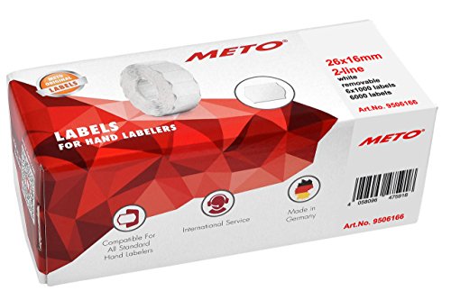 Meto Etiquetas para etiquetadoras manuales 9506166 (26 x 16 mm, 2 líneas, 6000 unidades, removibles, para Meto, Contact, Sato, Avery, Tovel, Samark, etc.) 6 rollos, blanco Meto Etiquetas para etiquetadoras manuales 9506166 (26 x 16 mm, 2 líneas, 6000 unidades, removibles, para Meto, Contact, Sato, Avery, Tovel, Samark, etc.) 6 rollos, blanco