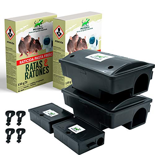 Mice&Co Portacebos para Ratas y Ratones con Raticida - Estación de Cebo para Roedores con Veneno | Pack Mixto 4 Portacebos y 300g (2x150g) Cebo Mice&Co Portacebos para Ratas y Ratones con Raticida - Estación de Cebo para Roedores con Veneno | Pack Mixto 4 Portacebos y 300g (2x150g) Cebo