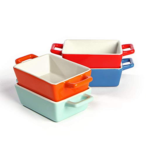 Mini platos de horno de cerámica - Juego de 4 | Horno a la mesa Platos para hornear | Colores rojo, azul, verde y naranja | Lasaña | Rectángulo M&W